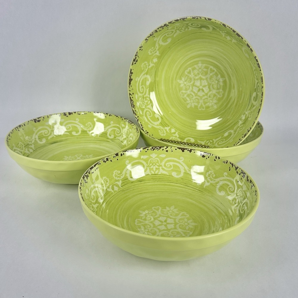 4 Cynthia Rowley Lime Green Melamine Cereal Salad Bowls Medallion Tuscan Swirl